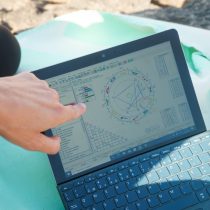 A person points at a laptop screen displaying an astrology chart, with various symbols, graphs, and colored lines visible. The laptop is resting on a light blue and white blanket outdoors.