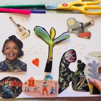 The Art Therapy collage on white paper showcases cut-outs of a smiling woman, plant sprout, animals, people, guitar, red heart, and abstract designs. Markers and scissors are on top as a hand holds one piece—ideal for creative art therapy sessions.