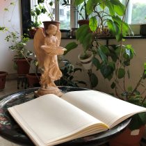 A copy of Dynamic Counseling and Coaching rests on a round table with a small angel statue, surrounded by potted green plants near a large window letting in natural light.