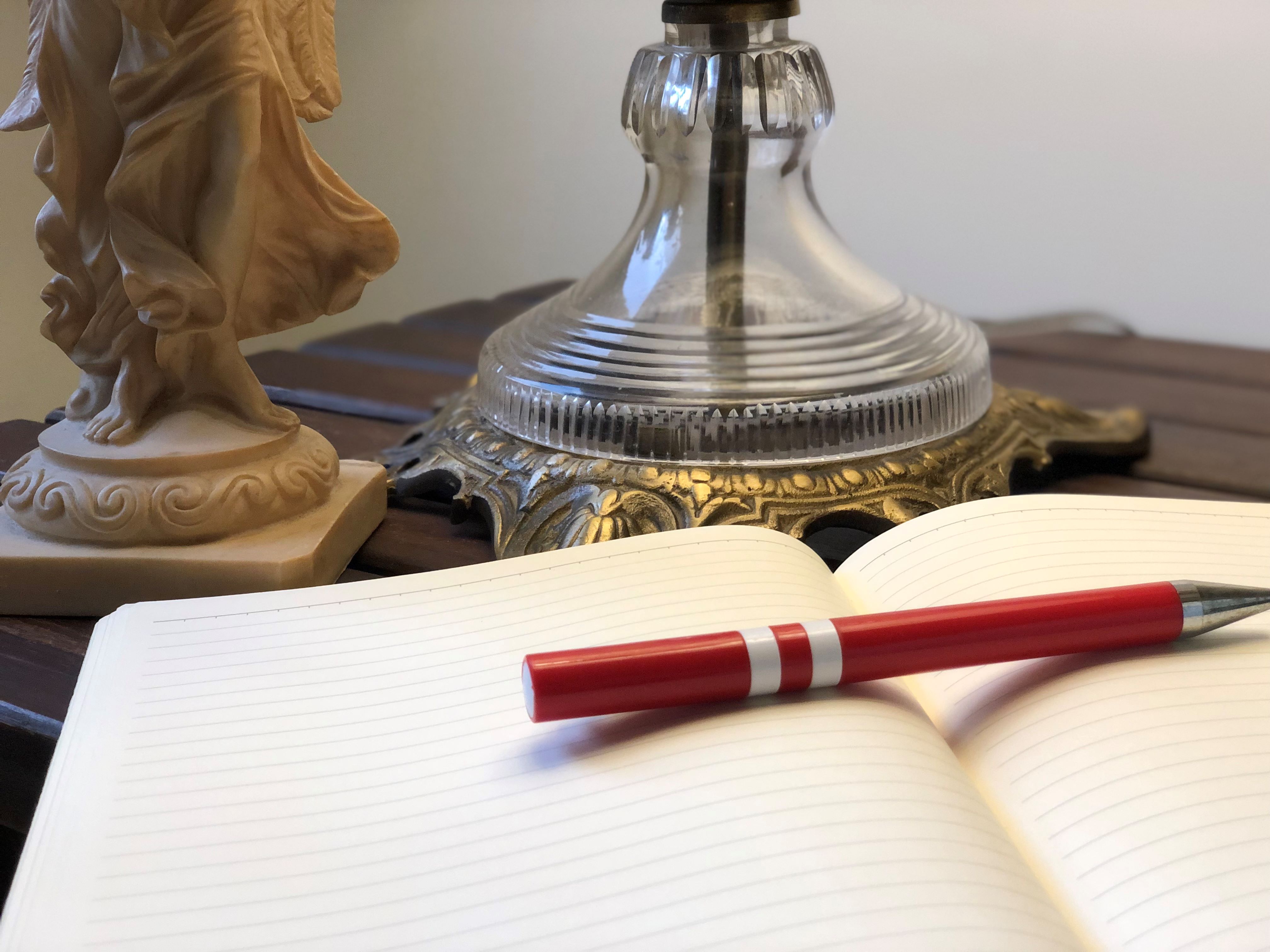 The book Dynamic Counseling and Coaching rests on an open, lined notebook beside a decorative glass lamp and a beige statue on a wooden surface.