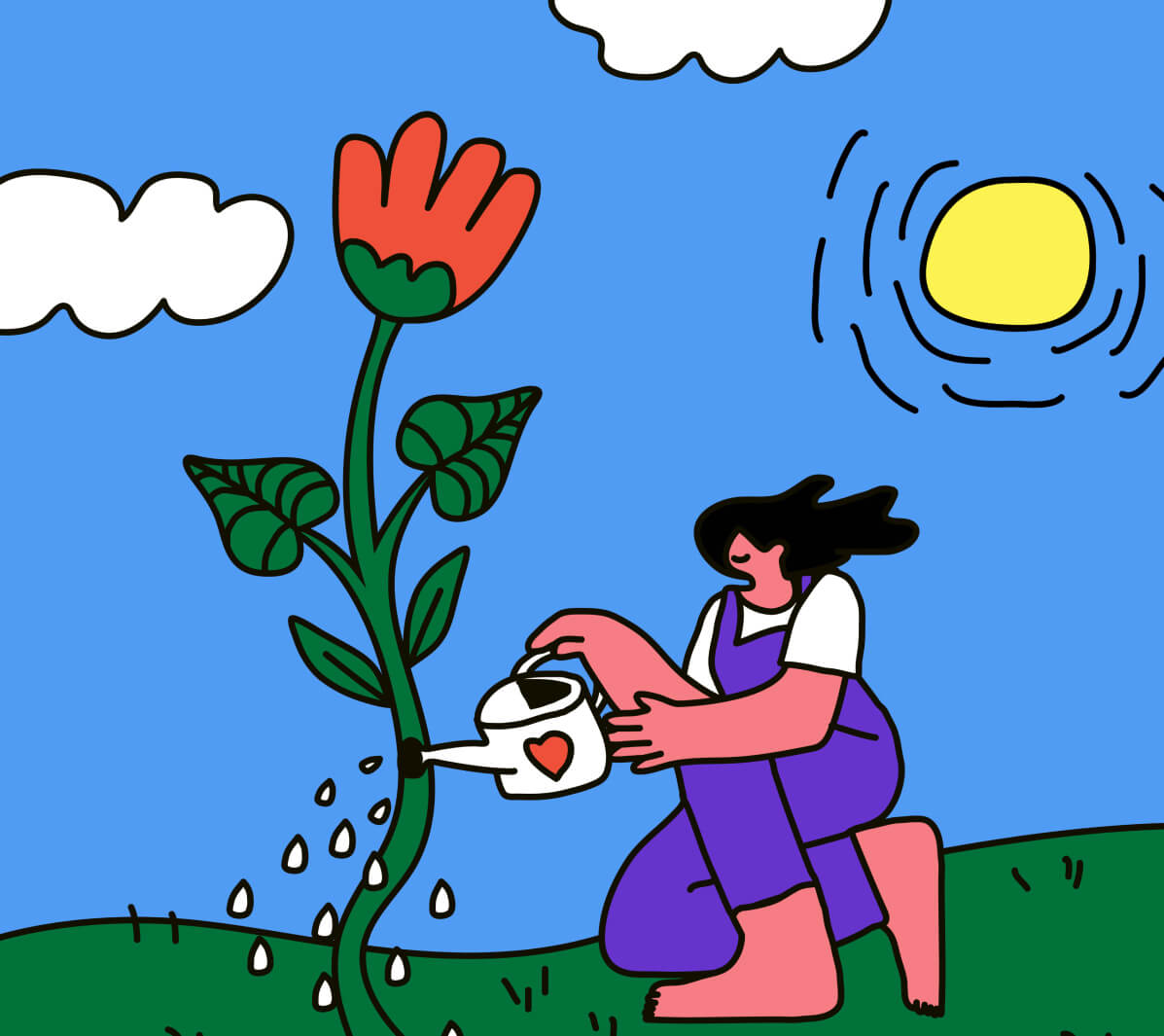 A person in purple overalls kneels on grass, nurturing a tall red flower with a heart-adorned watering can. The sun shines in a bright blue sky with white clouds, symbolizing the guidance and growth found in supportive sessions.