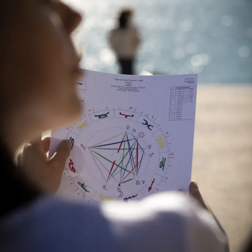 A person holds a printed astrology birth chart with colorful symbols and lines, near water. Another blurred figure stands in the background by the waters edge.