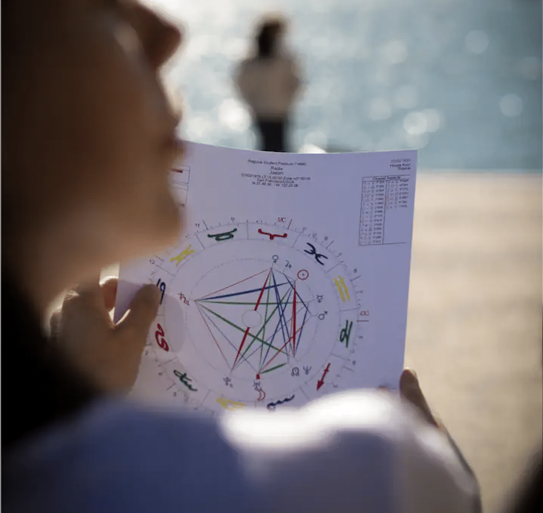A person holds a printed astrology birth chart with colorful symbols and lines, near water. Another blurred figure stands in the background by the waters edge.