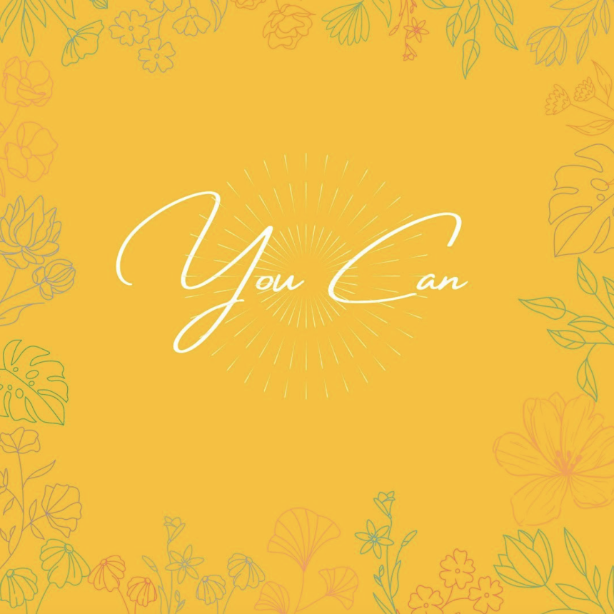 Yellow background with pastel floral line art borders. Centered white script reads Unleash Your Potential with radiating lines—an inspiring touch for your online personal coaching journey.