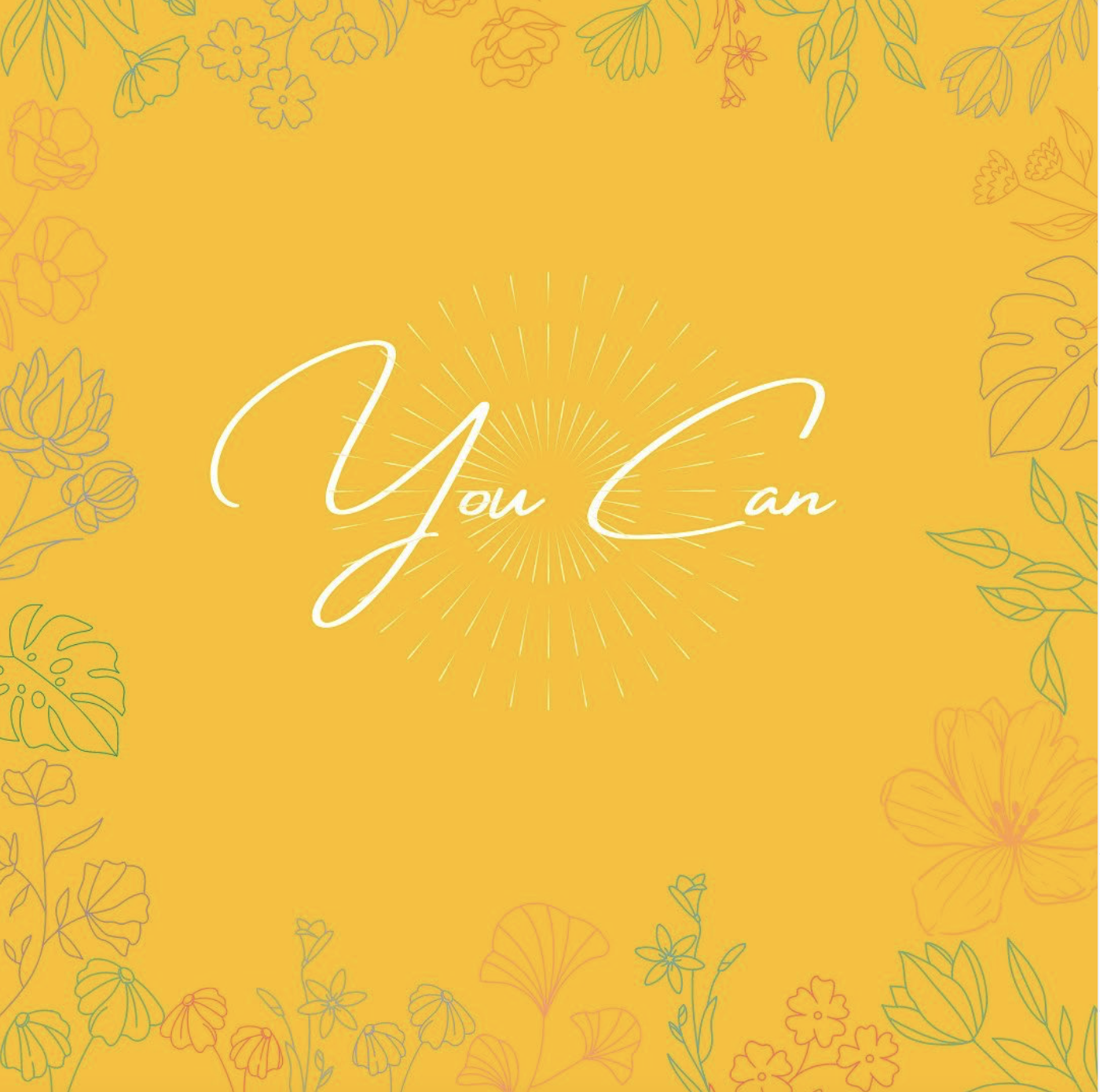 Yellow background with pastel floral line art borders. Centered white script reads Unleash Your Potential with radiating lines—an inspiring touch for your online personal coaching journey.