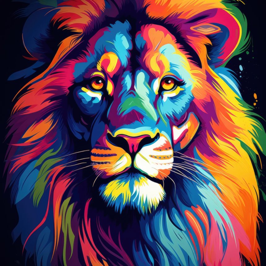 A vibrant, digital illustration of a lion’s face featuring bold, swirling colors like blue, red, yellow, and orange on a dark background, giving the image a striking and dynamic appearance.