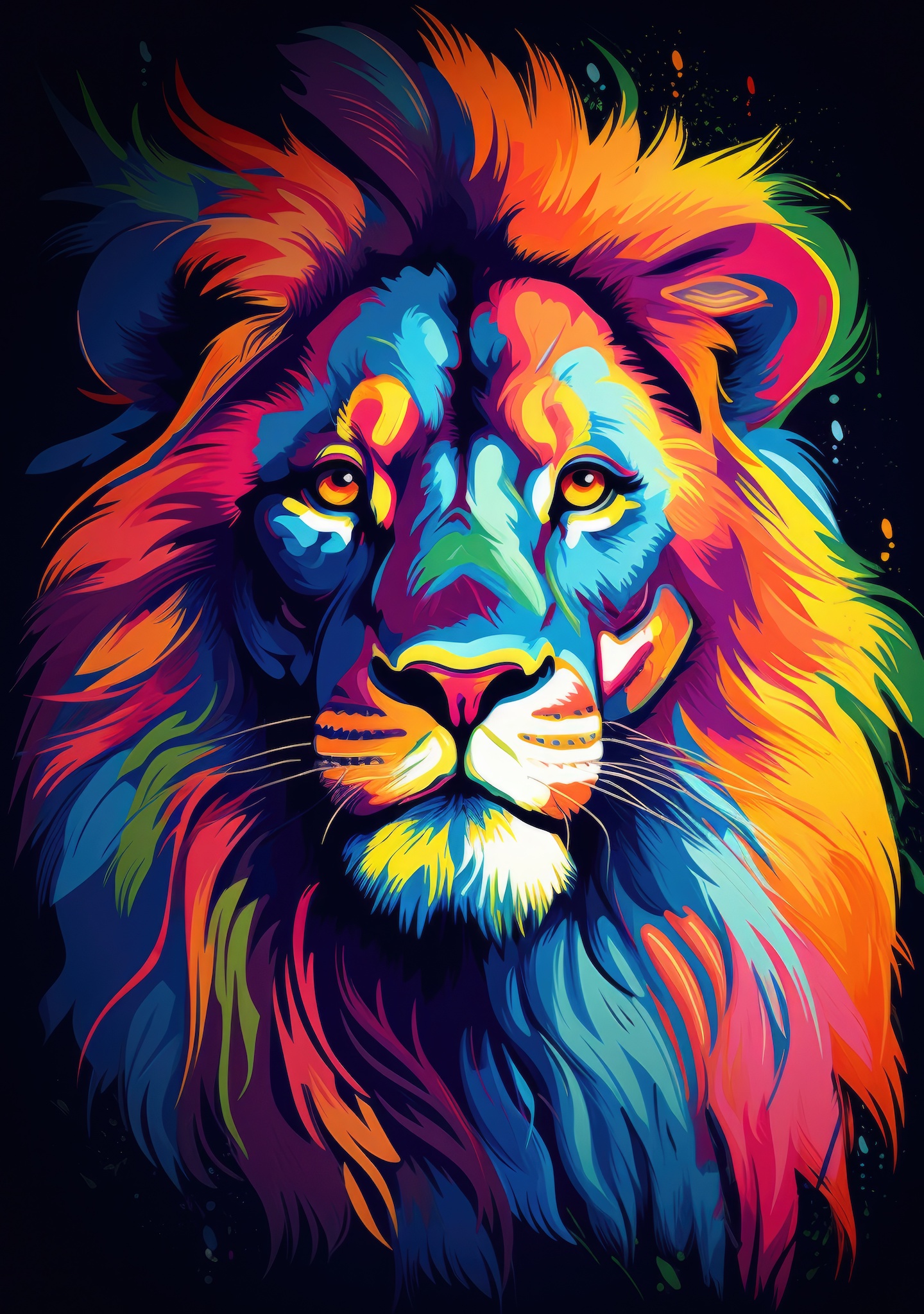 A vibrant, digital illustration of a lion’s face featuring bold, swirling colors like blue, red, yellow, and orange on a dark background, giving the image a striking and dynamic appearance.