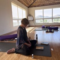 During a Soulful Harmony Flow session, a woman sits cross-legged on a yoga mat in a bright room with large windows, wooden floors, and mountains outside. She looks at her notebook, surrounded by cushions, water bottle, and essential oils.
