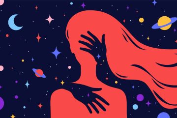 A stylized silhouette of a person with flowing hair is surrounded by colorful stars and cosmic shapes, evoking a dreamy, surreal atmosphere—perfect for illustrating personal development or the transformative journey of life coaching.