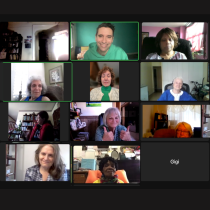 Twelve people join a Zoom call for Reiki & Sound Meditation, with eleven smiling on video and one screen showing only the name Gigi as they come together to explore reiki and sound healing from home.