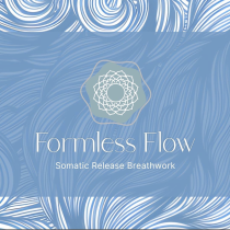 A blue and white abstract background with swirl patterns features a geometric mandala centered above the text: Somatic Release Breathwork.