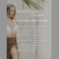 A blurred woman stands beside a white overlay listing Return To Ease’s topics: embracing energy, breakup help, deepening relationships, processing emotions, handling resentment, and loving partners better. Text reads RETURN TO EASE.