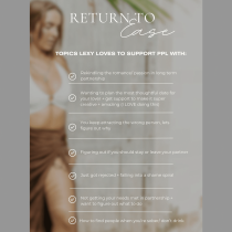 A blurred image of a woman in a swimsuit forms the background. The overlaid text “Return To Ease” highlights tips on dating, rekindling romance, creative date ideas, and navigating relationship needs.
