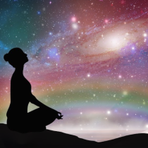 A silhouette of a person meditating on the ground beneath a vibrant galaxy, stars, and rainbow, representing Instincts, Intuition & Trusting Yourself (Group).