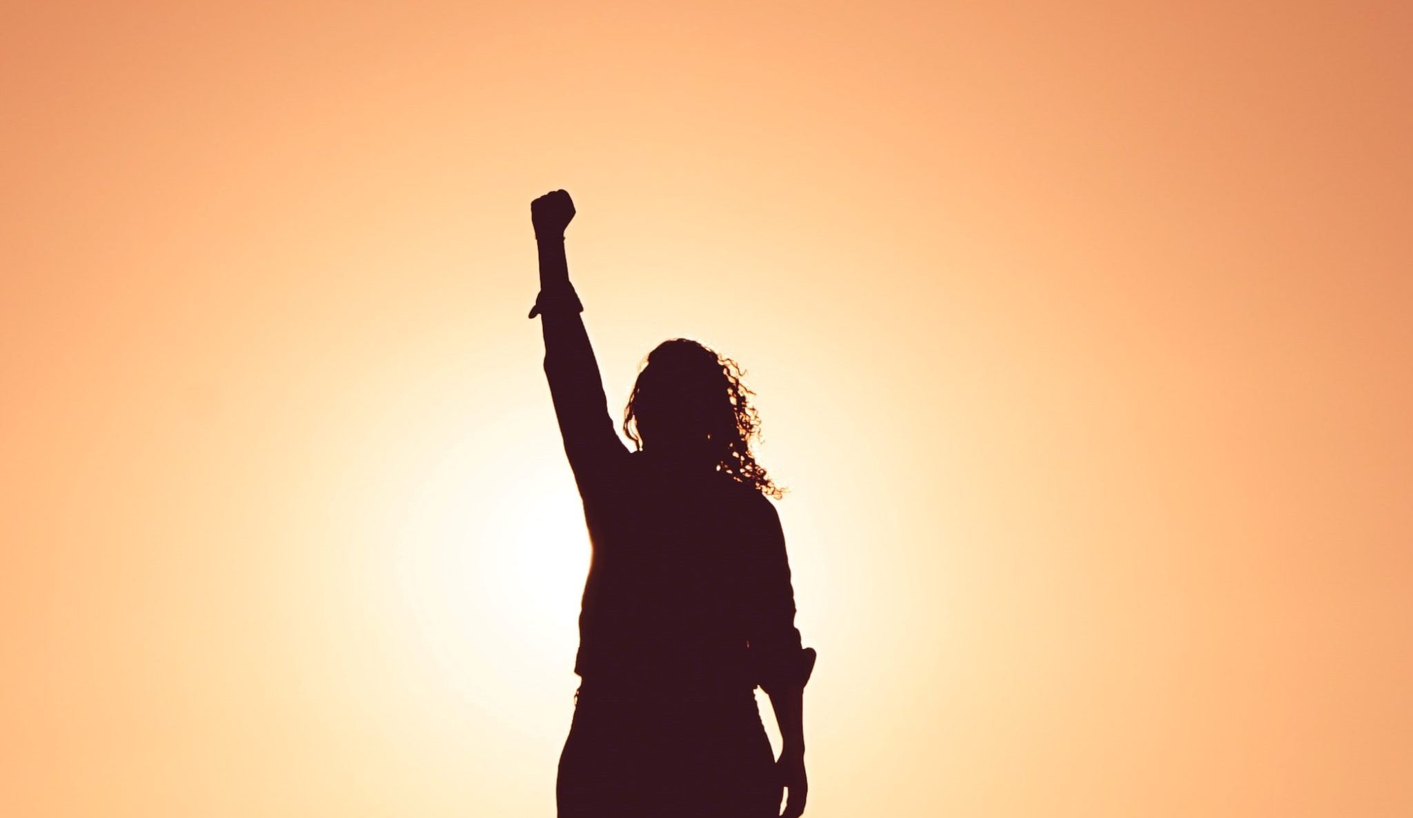 A person with curly hair raises a fist against a bright orange sunset, the sun behind them. This powerful image represents the spirit of Find Your Life Purpose.