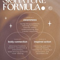 Venn diagram titled “Signature Formula” with three modules: 1. Awareness, 2. Body Connection, 3. Inspired Action, each describing steps for healing and growth. Background is brown with star accents.