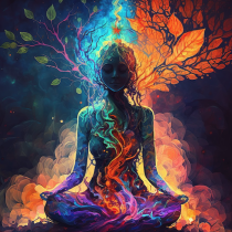 A surreal image for the Instincts, Intuition & Trusting Yourself Session: a meditating figure with their upper body turning into tree branches—green leaves on one side, fiery orange on the other—encircled by vibrant swirling colors.
