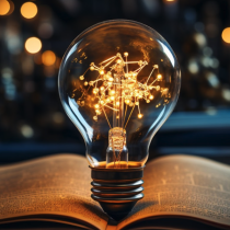 A glowing light bulb with intricate filaments rests on an open book, representing creativity and insight—capturing the essence of Intuitive Clarity Mentorship, set against a softly blurred background of warm lights.