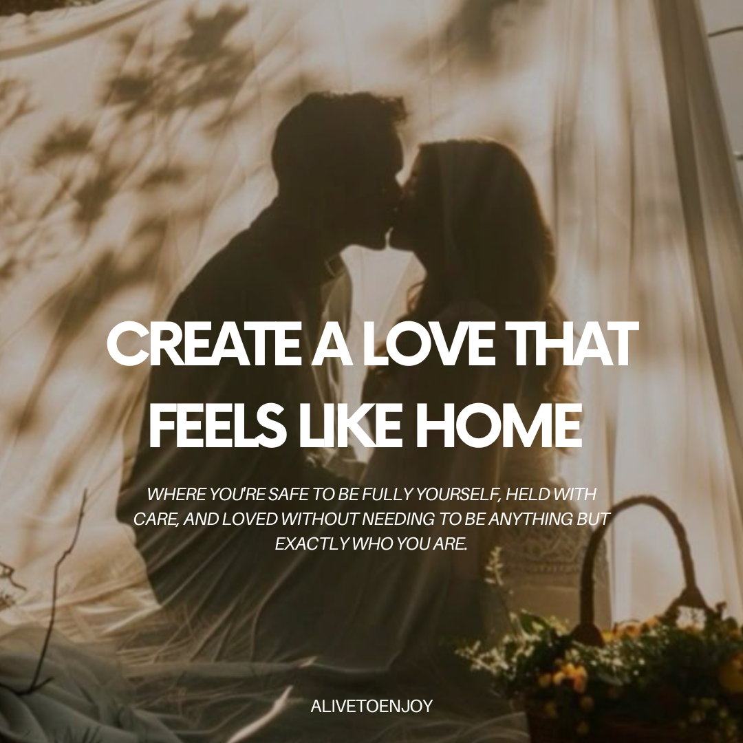A couple kisses in golden sunlight behind sheer curtains, a picnic basket nearby. Text reads: “Create a Love that Feels like Home”—the perfect gift for building deep, lasting connection.