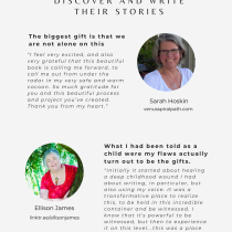 A testimonial graphic featuring two women, Sarah Hoskin and Ellison James, with their photos and quotes praising a writing coach’s support in sharing their personal stories. Website link alwaysonmyway.com/writer is at the bottom.
