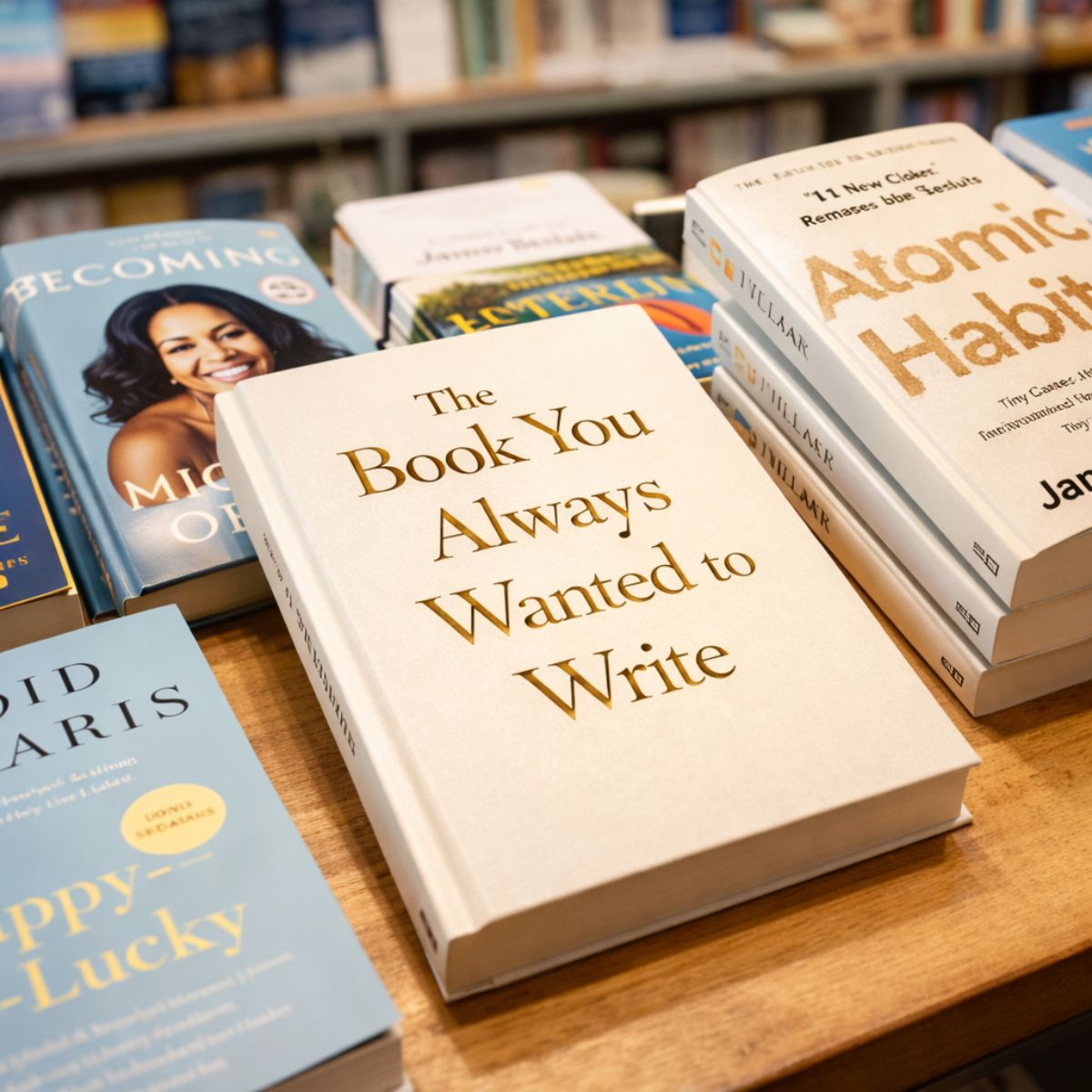 A display in a bookstore features "Find Your Book’s Starting Point: 90-Min 1:1"—ideal for anyone wanting to start writing—alongside "Becoming" by Michelle Obama and "Atomic Habits" by James Clear on a wooden table.