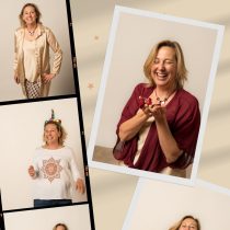A collage of a smiling woman in various outfits and poses, including a gold jacket, a maroon shawl, and a unicorn headband. She appears joyful and expressive in each photo, set against a light background.