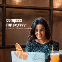 Casie, who offers online career coaching sessions, sits in front of her laptop with a drink next to her. Text laid over the images says compass my career: 90 days to your dream career.