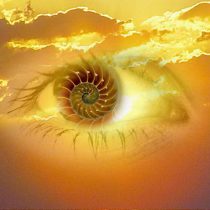 A surreal image for Ocean Oracle Seashell Readings shows a human eye with a nautilus shell iris set against a golden, cloudy sky, creating a dreamy and mystical vibe.