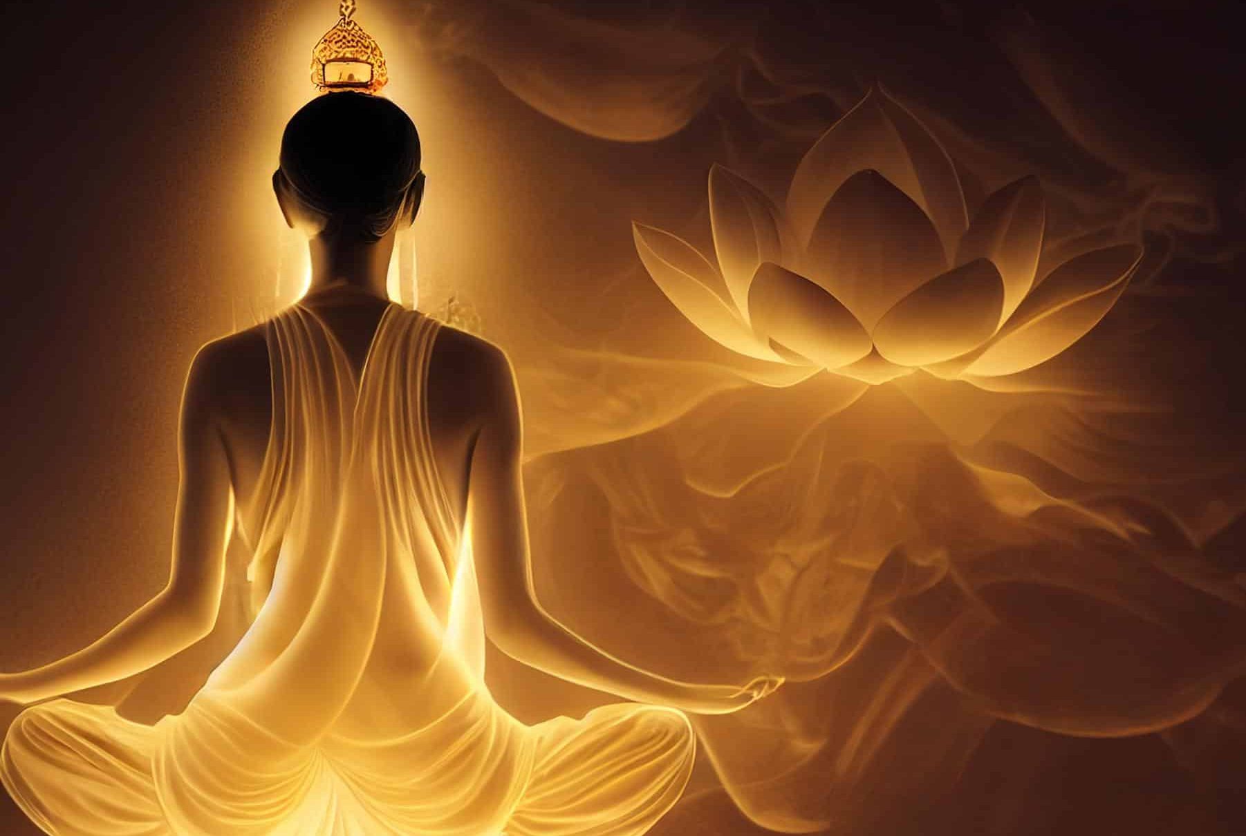 A person in a meditative pose with a radiant golden glow, draped in flowing fabric, sits beside a luminous lotus flower. Uncover Your Power evokes a serene, spiritual atmosphere.