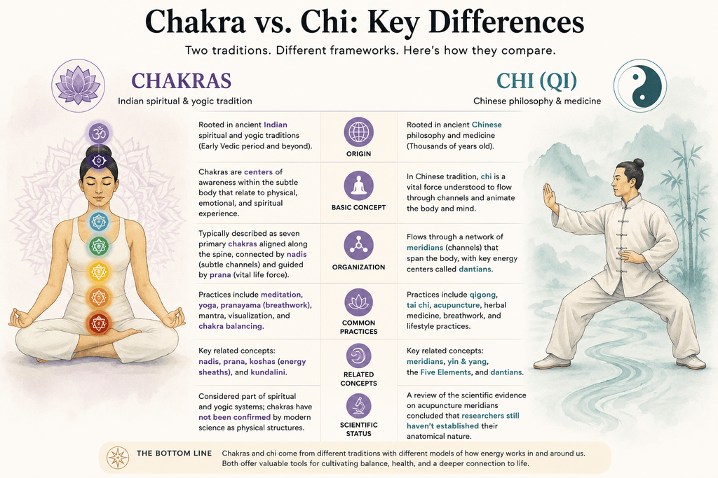 Chakra vs chi comparison showing key differences in origins, concepts and practices
