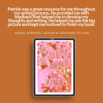 A testimonial praising Patrick’s writing support appears above a tablet displaying the pink and gold cover of “Cure Your Writers Block” on a brown background.
