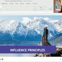 A woman appears in a video call window over a slide titled INFLUENCE PRINCIPLES for Communicate with Impact & Influence, featuring two people by a lake and mountains—an ideal scene for conversation coaching techniques.