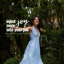 Casie, who offers career coaching sessions for people who are miserable at work, is in a striped white and blue dress spinning around in a jungle. The text laid over the image says inject more joy into your job - 60 minutes to joyful action.