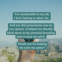 A hand holding a compass with a blurred mountain landscape in the background. Overlaid text shares a testimonial about a program that helped someone improve their personal branding and confidence at work.