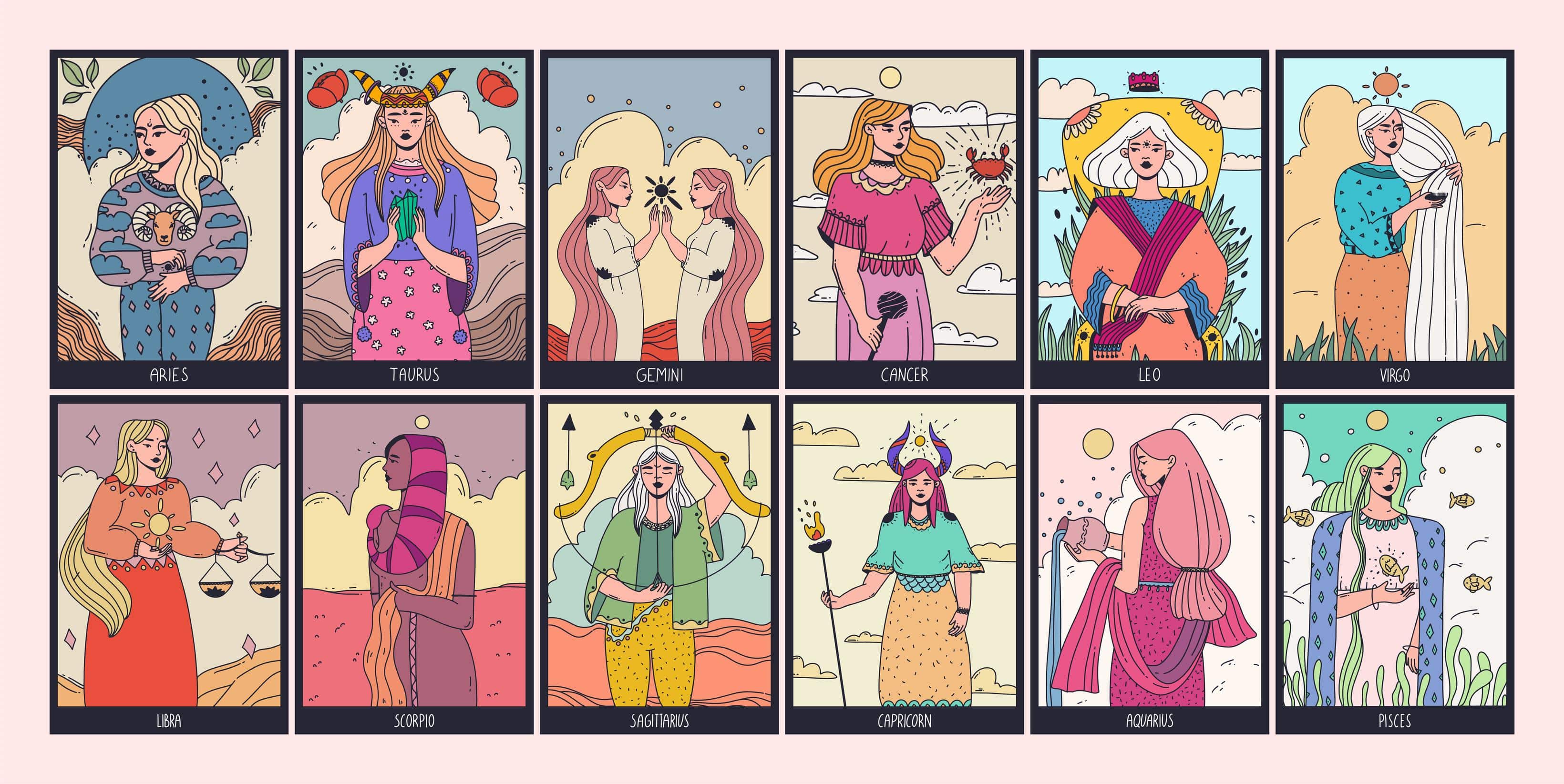 Two rows of four cards with colorful feminine illustrations representing the astrological signs. These cards are used during a natal chart astrology reading.