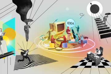 A surreal collage depicts people interacting with technology and sharing ideas, reflecting how to boost your creativity in the workplace through innovation, teamwork, and collaboration in vibrant, abstract environments.