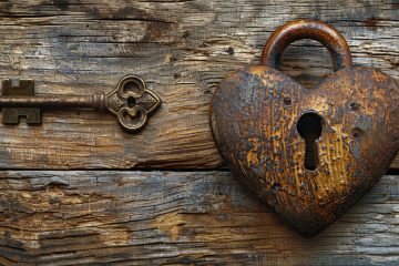 An old, rusty heart-shaped padlock and an antique key rest on a weathered wooden surface, symbolizing the bond between twin flames and reflecting on the difference between karmic relationship soulmate and twin flame connections.