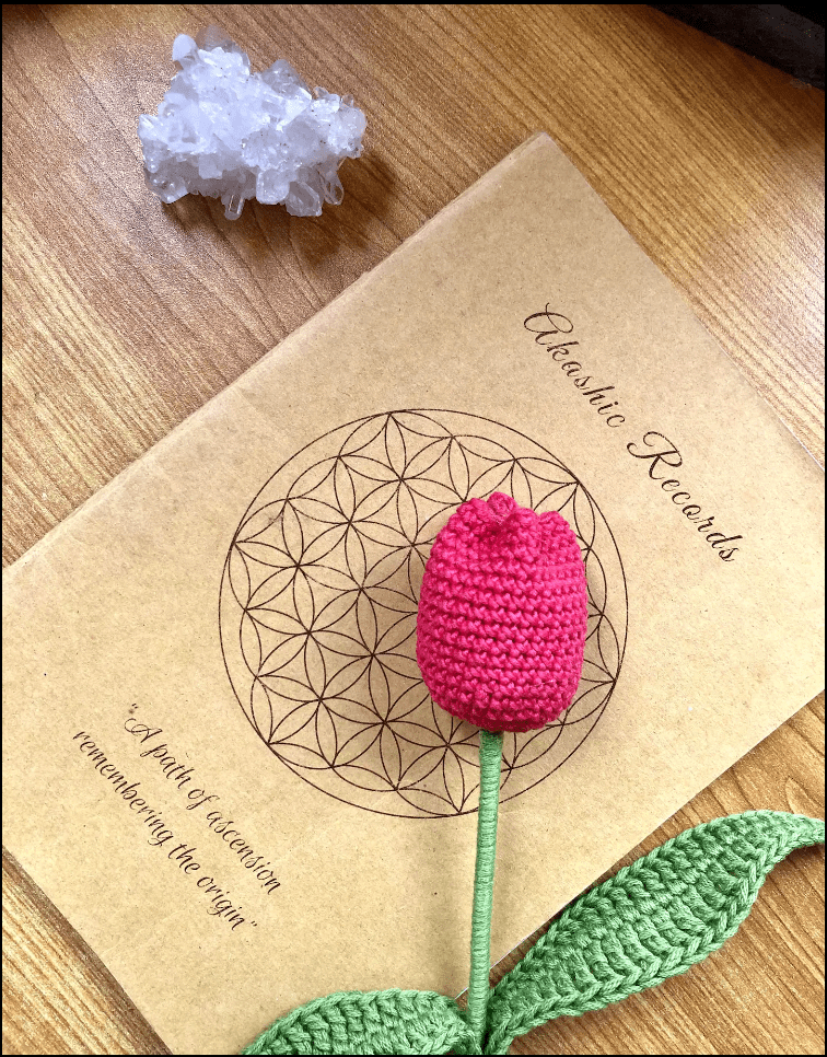 A crocheted pink tulip with green leaves rests on a book titled Akashic Records, featuring a geometric flower design on a wooden surface. A white crystal cluster is placed above the book.