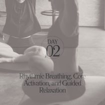 Two people practice on yoga mats indoors, one stretching overhead. Text reads: “Day 02: Breathwork for Stress, Core Activation, and Guided Relaxation.” Promotes Breathwork Week: Embody Clarity and Calm in a calm, muted setting.