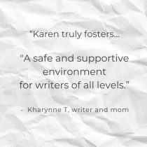 A testimonial on a crumpled paper background reads: Intuitive Guidance For Writers creates a safe, supportive space with insightful guidance for writers of all levels. - Kharynne T, writer and mom.