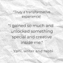 Text on a crumpled white paper reads: Intuitive Guidance For Writers was truly transformative! The intuitive coaching helped me unlock creativity and grow as a writer. – Yoni, writer and rabbi.