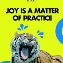A tiger laughs with its mouth open on a yellow background with blue accents. Bold text reads JOY IS A MATTER OF PRACTICE. Featuring the phrase FALL IN LAUGH and the product name, Laughter As An Ally—ideal for stress relief team workshops.