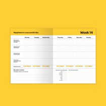 The Happiness Journal, shown open to Week 14 on a yellow background, features daily happiness prompts, answer spaces, a smiley-face happiness tracker, and sections for weekly review and goal setting.