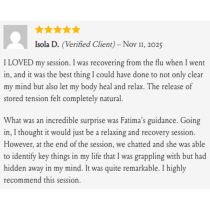 Isola D. gave Sound Healing with Intuitive Guidance a 5-star review on Nov 11, 2025, praising its relaxing and healing effects, personalized guidance, and recommending it for mental clarity and resolving hidden issues.