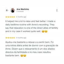 A customer review in English and Portuguese gives five stars to the Fertility Activation Session, highlighting its relaxing effect, bedtime routine support, and key fertility tips—plus two winking emojis.