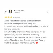 A five-star review from Vanessa Silva for the Personalized 90-Day Fertility Program, praising Anne for emotional healing, stress management, and overcoming fear and insecurity during her fertility journey—filled with gratitude, joy, courage, and love.