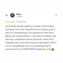 A glowing 5-star Google review by Petra praises Achieve Lasting Change in 2 Hours (RTT®) and Anne Marie for helping reframe limiting beliefs, release past traumas, and foster personal growth—highly recommending her transformative service.
