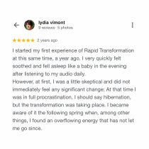 Google review by Lydia Vimont: Initially skeptical, I tried Achieve Lasting Change in 2 Hours (RTT®). The session helped me reframe limiting beliefs—I felt soothed, energized, and noticed lasting positive changes. Five-star rating is shown.