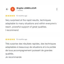 A Google review by Brigitte Lemeilleur in English and French gave the Personalized 90-Day Wellbeing Program 5 stars for rapid results, adaptable techniques like RTT® therapy, and strong support. She ends with I recommend and Je recommande.