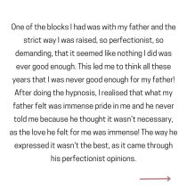 Centered text on a white background shares someone’s challenges with their father’s perfectionism and the insight, after RTT® therapy, that his pride was deep but unspoken. A red arrow points right at the bottom. Product: Personalized 90-Day Wellbeing Program.